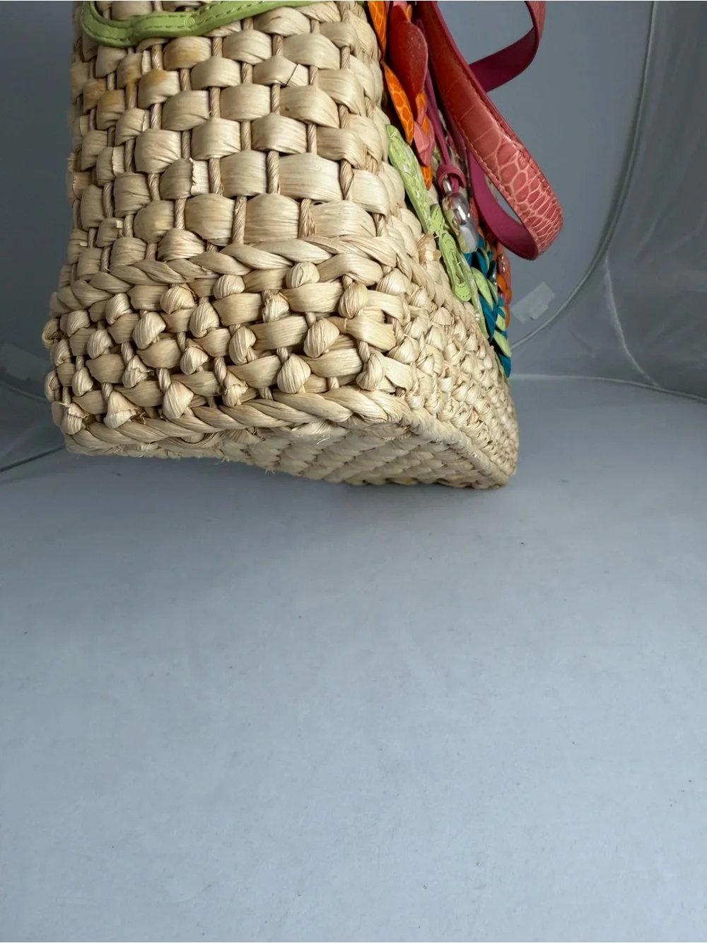 Brighton Beige Straw Tote with Pink Trim and Multicolor leather Floral Appliqués - Picture 9 of 12